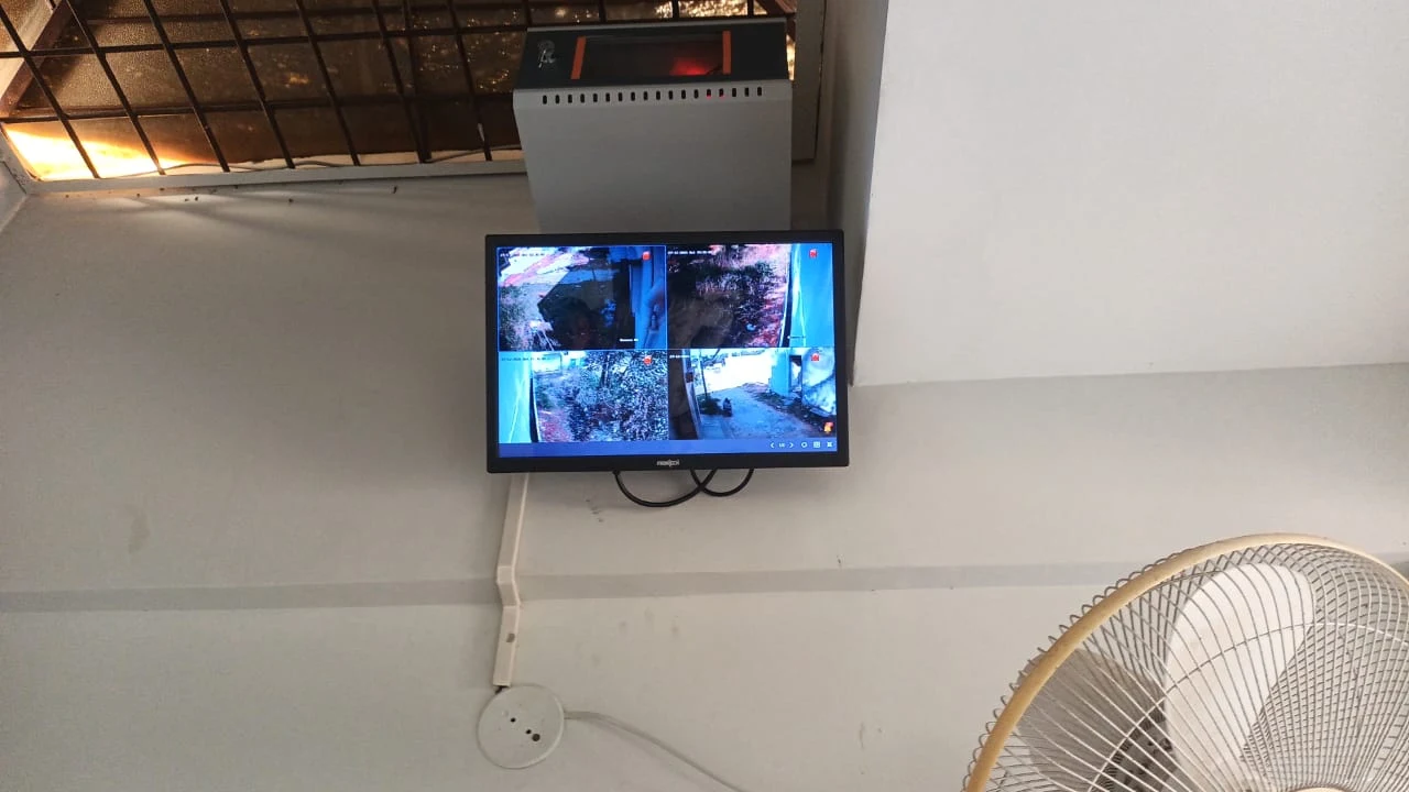 CCTV monitor displaying a multi-camera view