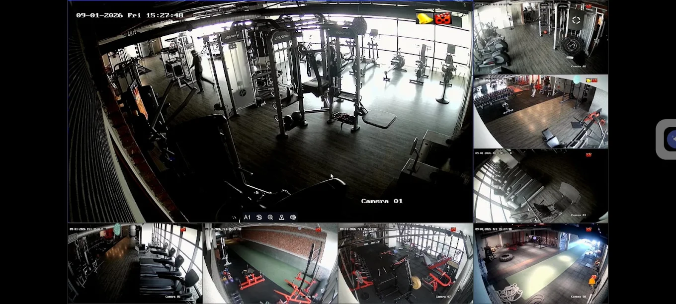 Multiple CCTV camera views covering a gym interior