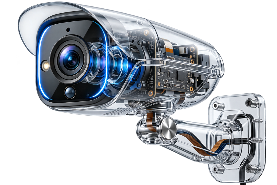 Illustrative cutaway CCTV camera with a blue LED ring and visible internal components