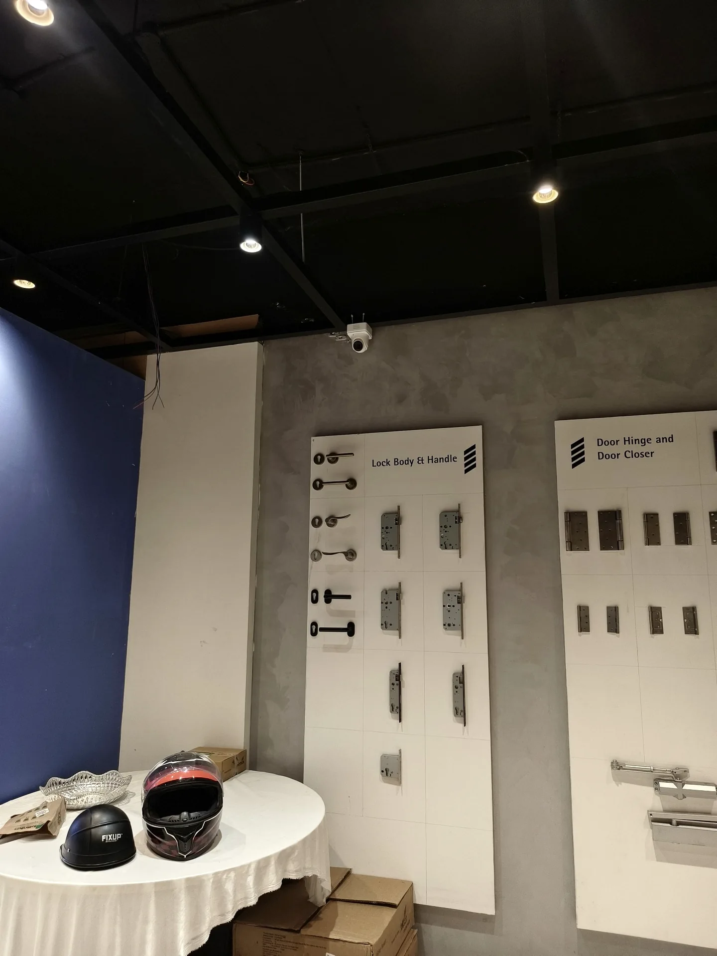 Dome camera mounted on a showroom ceiling