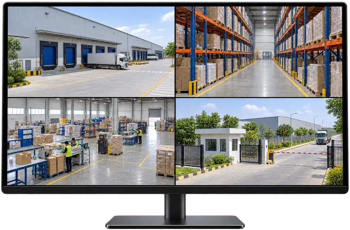 Warehouse / Business — illustrative four-camera monitor view