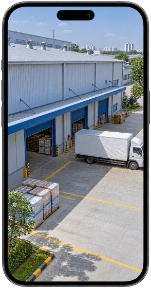 Warehouse / Business — illustrative mobile CCTV view
