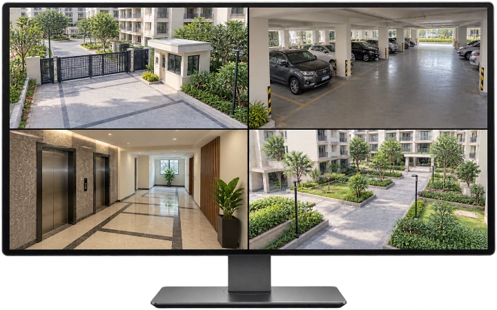 Apartment / Society — illustrative four-camera monitor view
