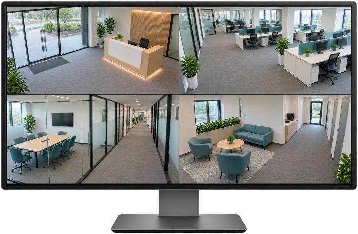 Office — illustrative four-camera monitor view