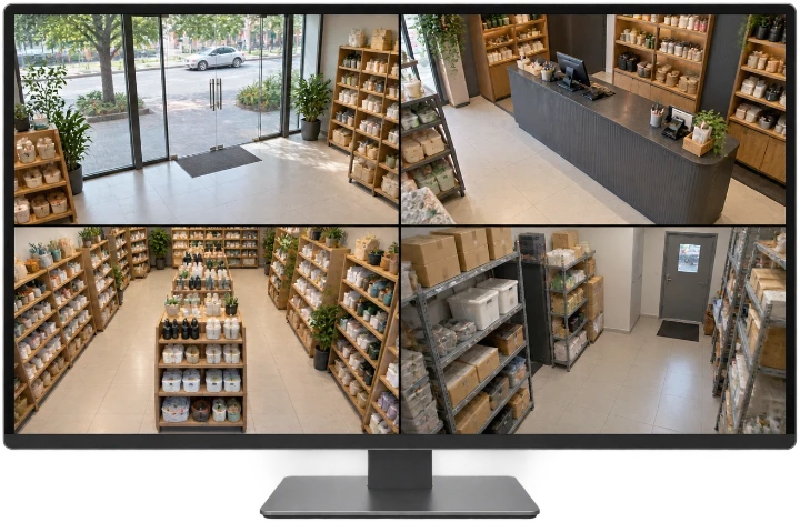 Shop — illustrative four-camera monitor view