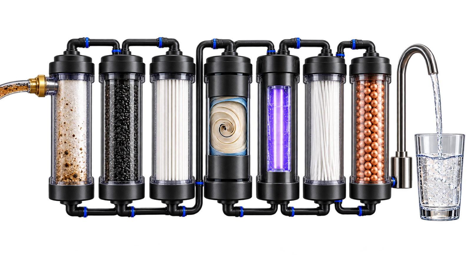 Seven connected filtration stages delivering water through a tap into a glass