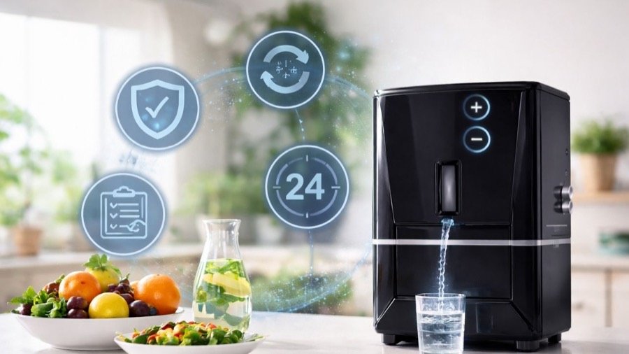 Care Zero purifier dispensing water into a glass