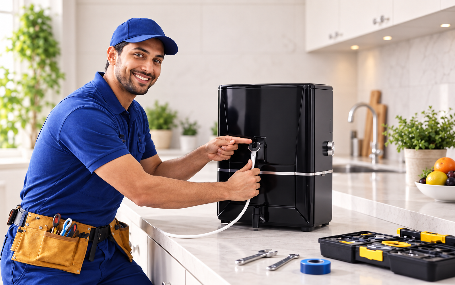 Technician inspecting a Care Zero purifier in a home kitchen